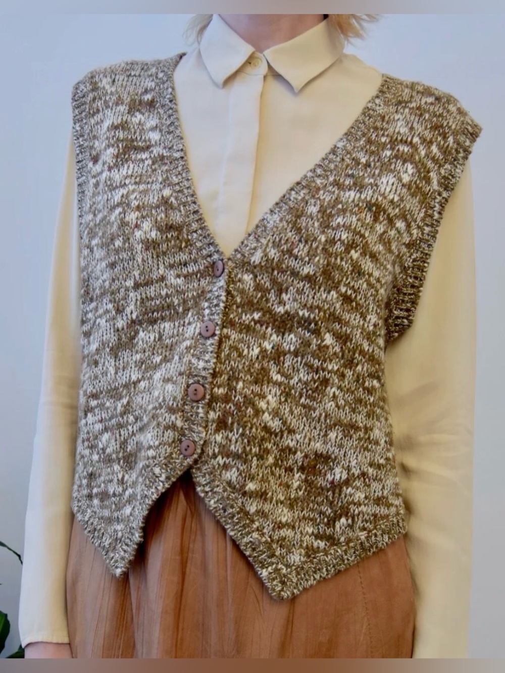 Vintage 90s Spice of Life Marled Knit Sweater Vest Brown White Cropped M
